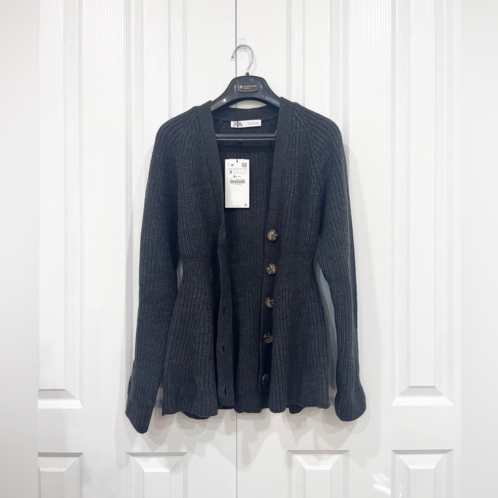 Zara | Peplum Button-Up Cardigan Sweater | Dark Gray | S